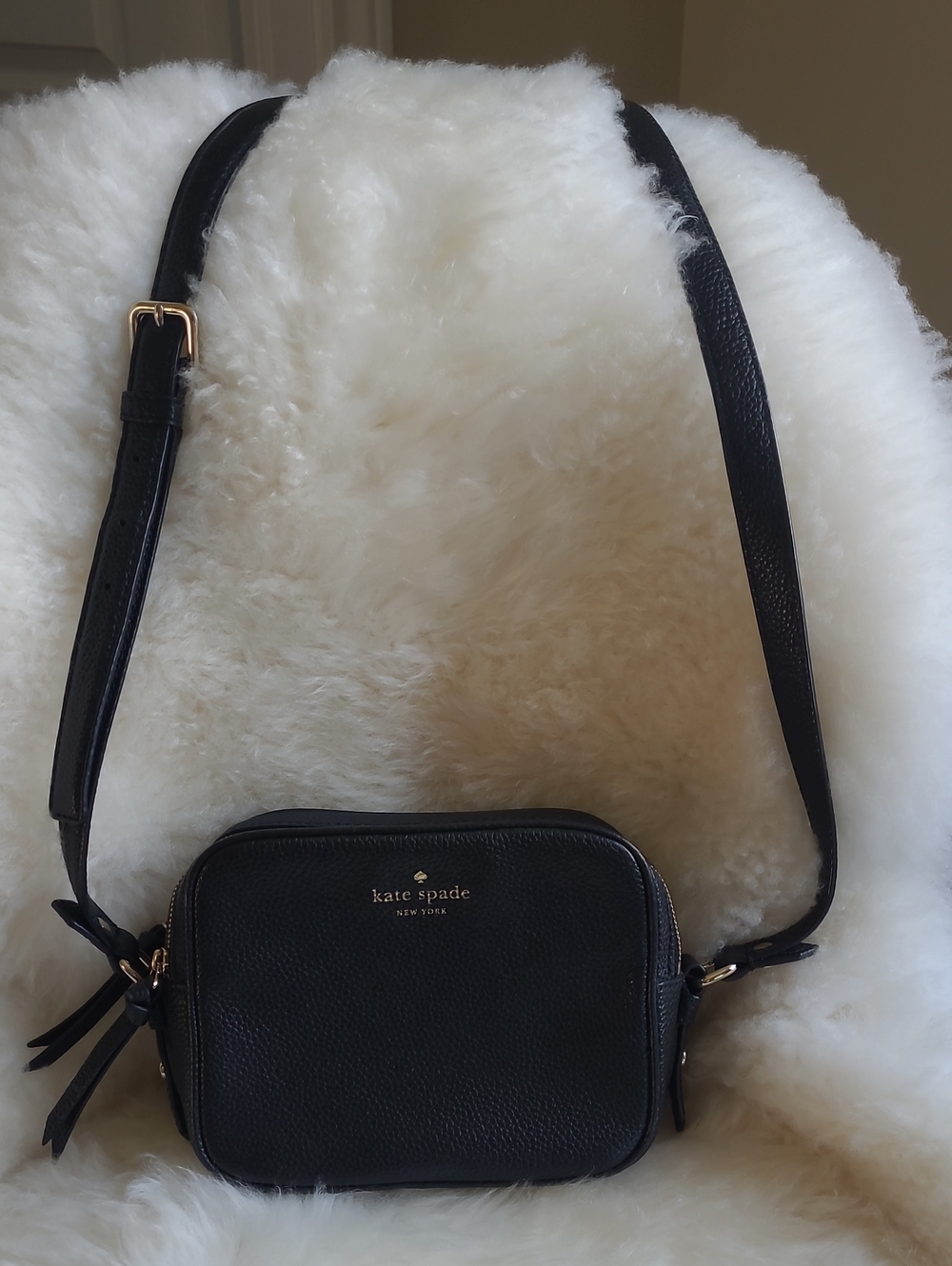 kate spade Black Pebbled Leather Camera Crossbody with Gold Hardware